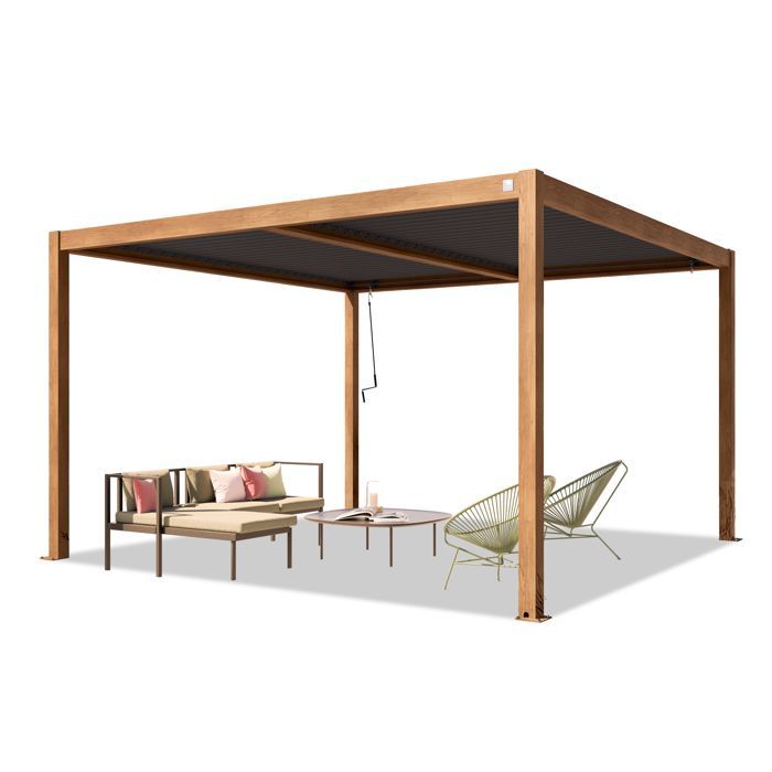 Pérgola PRIMEYARD de 4x4 m con postes de aluminio efecto madera y lamas de acero ajustables.