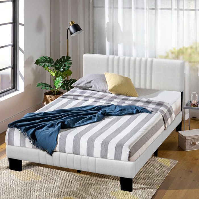 Lit Double, Cadre de Lit, Convient pour Un Matelas de 140 x 190 cm, Tête de Lit Rembourrée Ajustable, en Métal, Moderne,