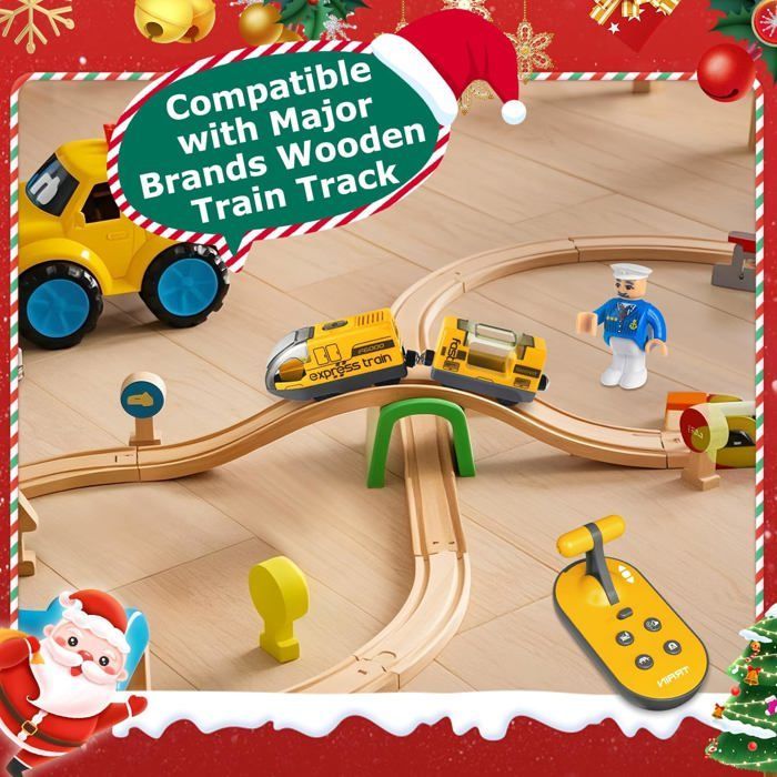 Remote Controlled Electric Train for Wooden Tracks, Motorized Train with 4 Sound and Light Effects for Children Ages 3, 4, 5+