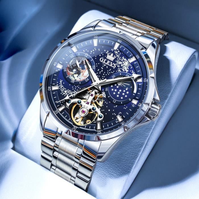Orologio cronografo meccanico automatico da uomo di marca di lusso con indicazione delle fasi lunari, multifunzione e bracciale in acciaio.