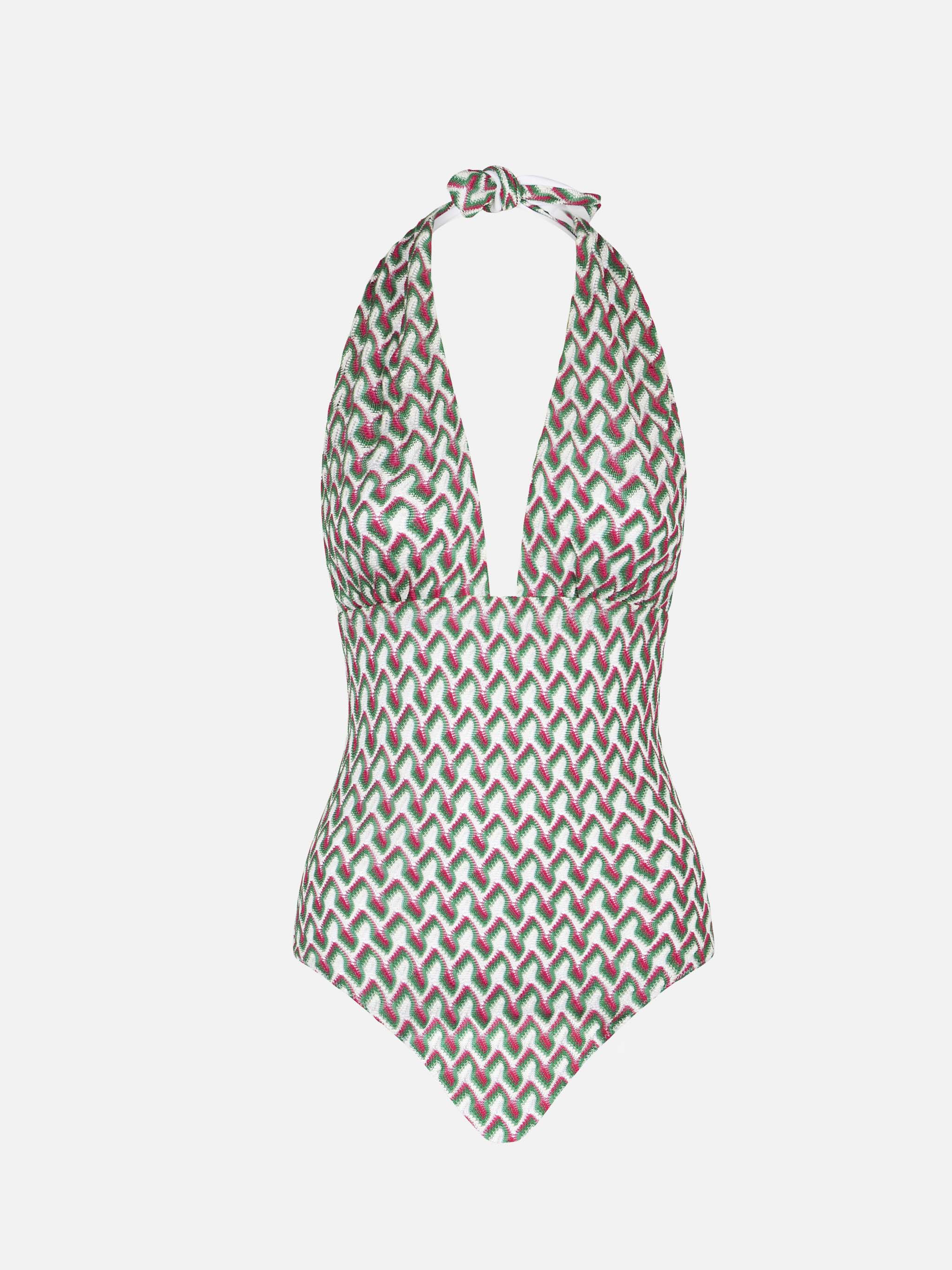 Fuchsiafarbener und grüner gestrickter Badeanzug