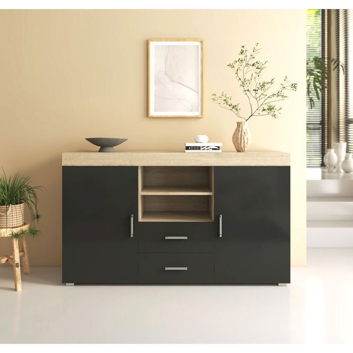 Aparador ROQUE 140x80x40 cm - 2 puertas 2 cajones - Acabado en roble Sonoma y negro - Almacenamiento para salón
