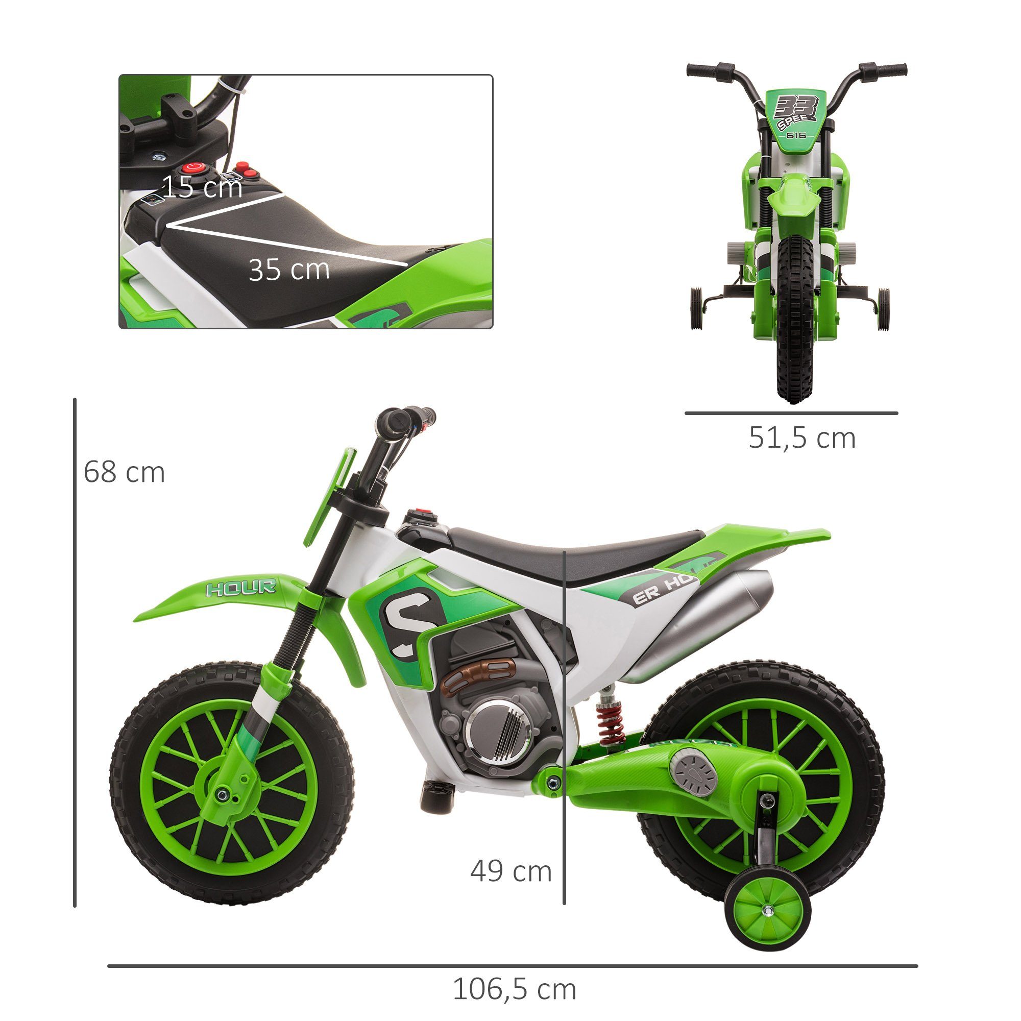 HOMCOM elektrische kindermotor met 2 afneembare zijwielen, geschikt voor kinderen vanaf 3 jaar, draagvermogen 30 kg (1 stuk), inclusief accu en oplader.