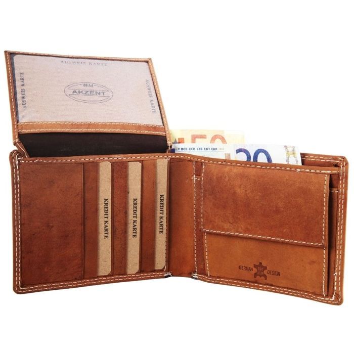 Portefeuille - AKZENT - Amid - cuir véritable marron - format horizontal compact - coutures blanches