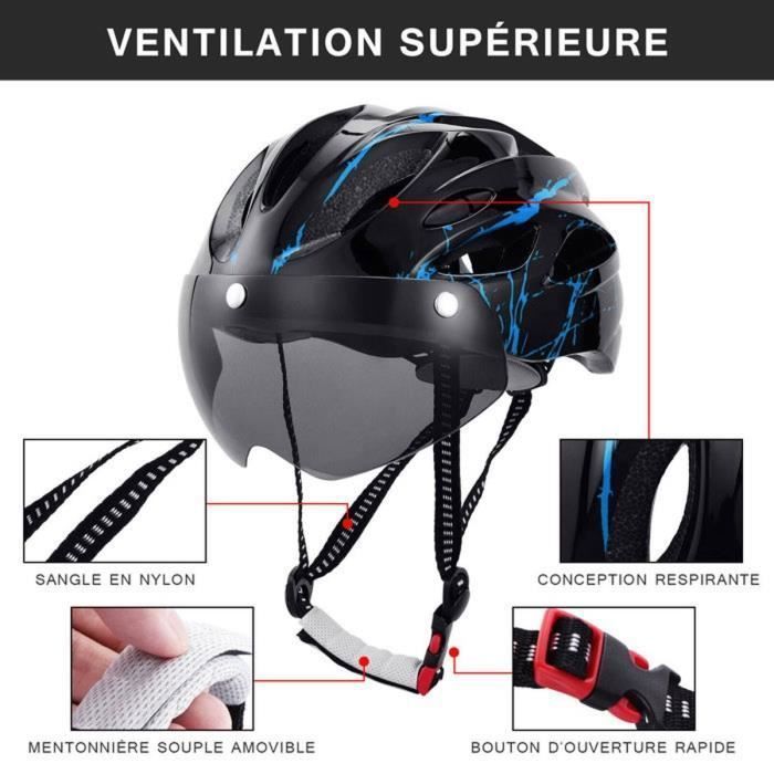 Capacete de ciclismo adulto para homens e mulheres com viseira, ideal para bicicletas de montanha e patinetes elétricos, com circunferência da cabeça de 52 a 62 cm, nas cores preto e azul.