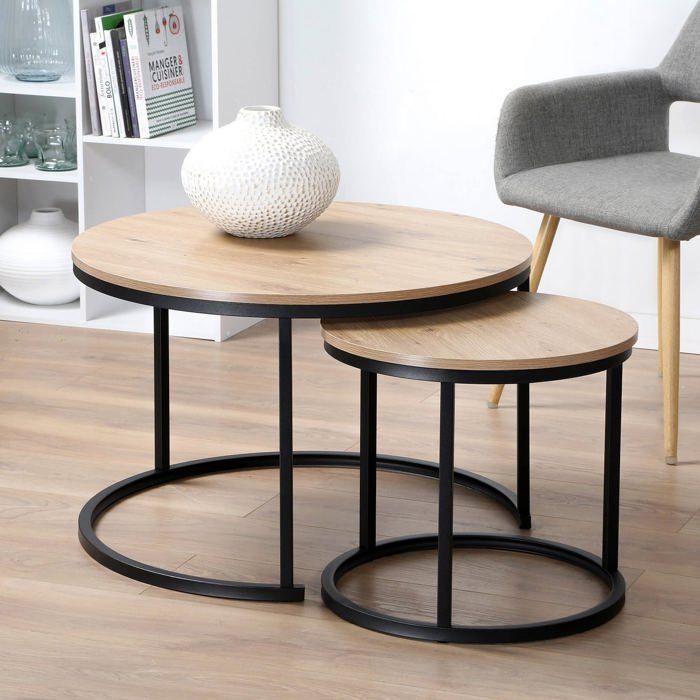 CALICOSY - Lot de 2 Tables Basses Gigognes Rondes L70 cm - LENNY - Chêne et noir