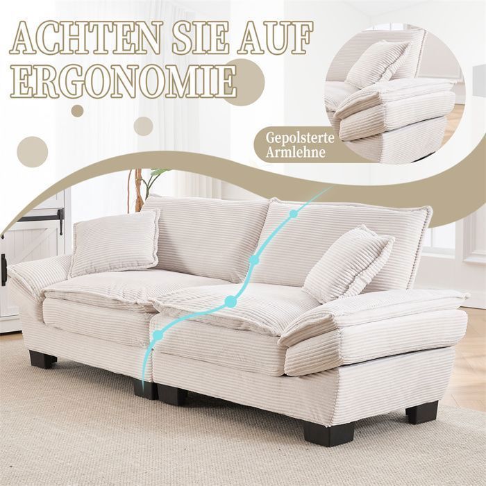 DRIPEX 3-Seater Beige Corduroy Sofa with Pillows, Back Cushions and Armrests, Sturdy Wooden Legs, 224×81×81cm
