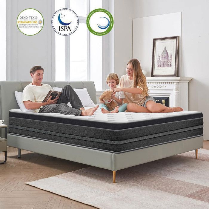 Colchón de 140x200 cm - Espuma viscoelástica y muelles ensacados de 8 zonas - Firmeza H3 - Máximo confort ergonómico - Certificado