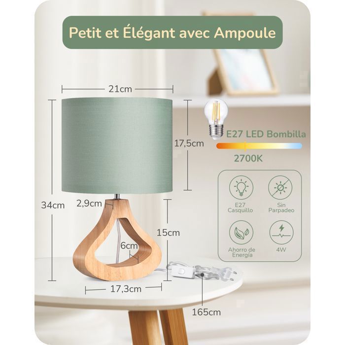 Lámpara de mesa moderna EDISHINE con pantalla de lino y base de madera teñida de roble claro, bombilla LED E27 incluida.