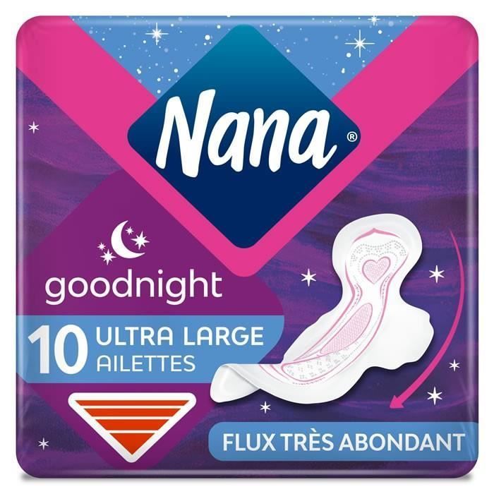 LOT DE 8 - NANA Good night Ultra Large Ailettes - Serviettes hygiéniques nuit - 10 serviettes