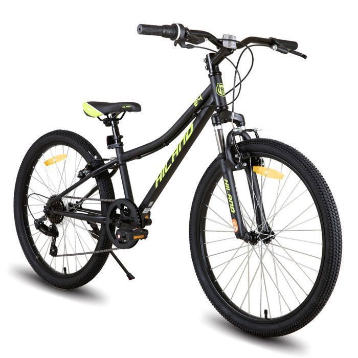 Hiland Vélo enfant 24 pouces, dérailleur Shimano 7 vitesses, VTT unisexe, fourche suspendue, freins V-Brake - Noir