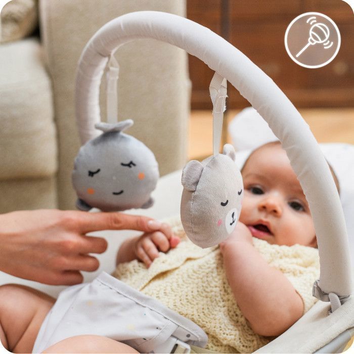 MoMi GLOSSY – Transat Bébé Léger avec Module Sensoriel – 8 Mélodies – Vibration 3 Niveaux – Jouets Inclus – Rose