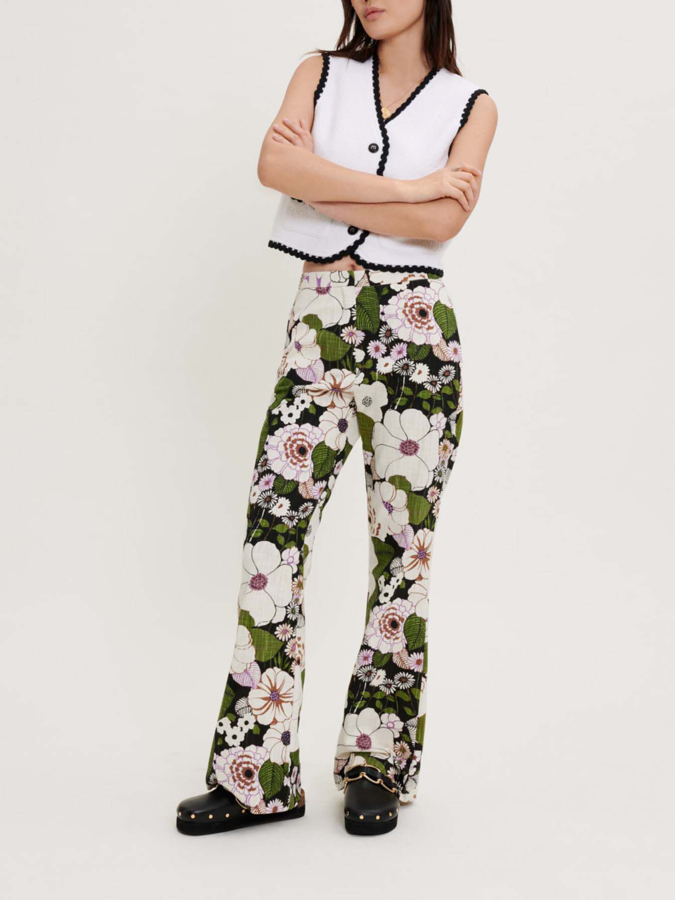 Pantaloni cu imprimeu floral anii șaptezeci - Fleur 70's noir