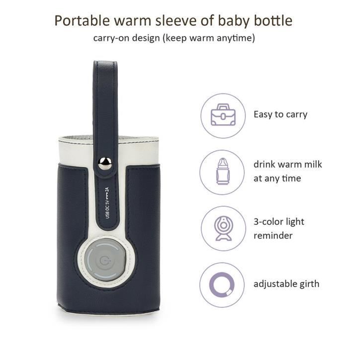 Portable leather USB bottle warmer bag with adjustable 3 temperature settings, thermostat for baby milk warmer at home/car - Black
