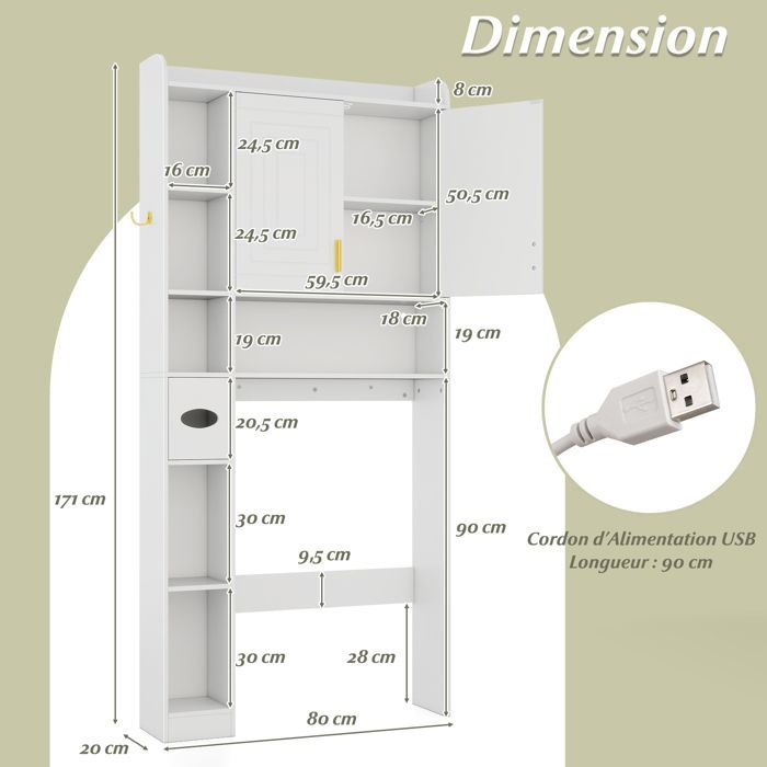 Armario para inodoro COSTWAY con iluminación LED, 2 puertas y 6 compartimentos abiertos, portarrollos de papel higiénico, estante ajustable, color gris.