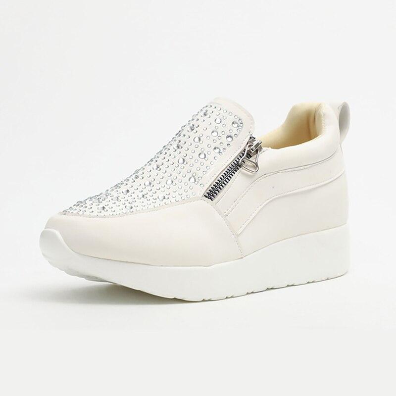 Zapatillas deportivas blancas para mujer, con plataforma, cremallera y pedrería, tallas grandes 42 y 43. Calzado cómodo e informal para mujer.