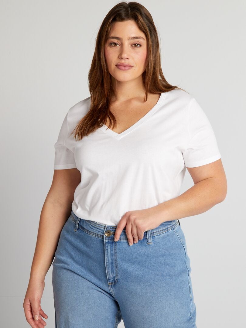 Camiseta de malha com decote em V - Branca