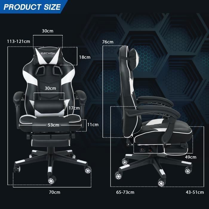 Silla ergonómica para juegos, silla de oficina, silla gaming, soporte lumbar con función de masaje, reposapiés, reposacabezas, blanca