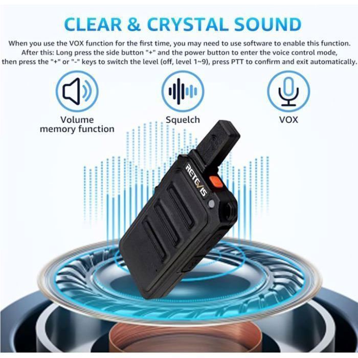 Retevis RT619 Mini Walkie Talkie with Earpieces, PMR446 1300mAh Rechargeable, Metal Back Clip, VOX, for School (10 Pcs)