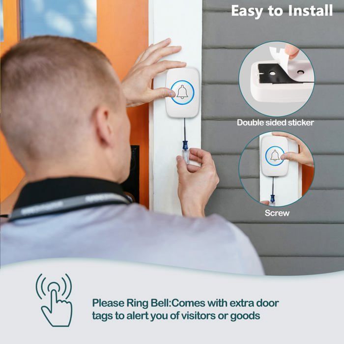 Campanello senza fili per esterni IP44 300 m – 60 melodie, 5 livelli di volume, bianco