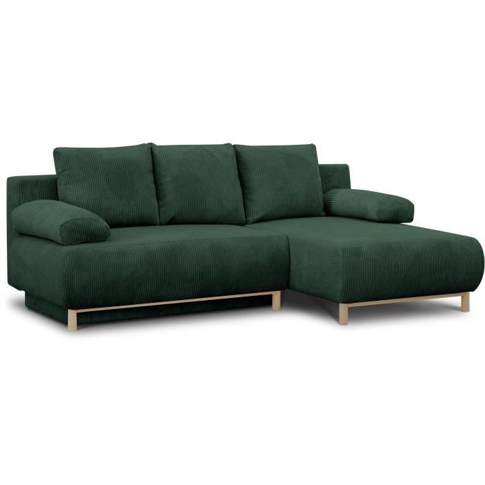 Canapé d'angle droit convertible - 3 places - MIKA - Tissu velours côtelé vert foncé - Coffre de rangement - 192 x 84 x 93 cm