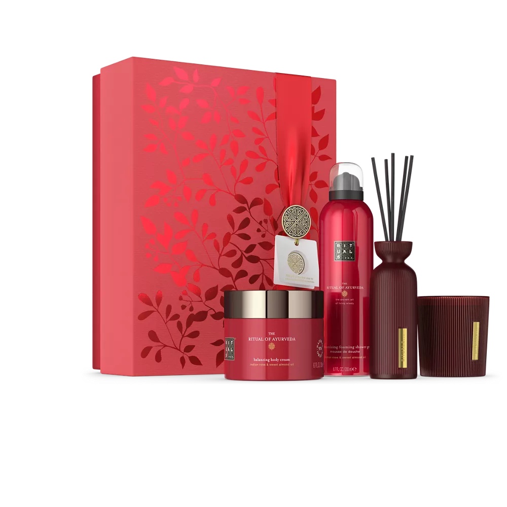 Set cadou Ritualul Ayurveda gel de duș spumant L 200ml, cremă de corp 200ml, lumânare parfumată 140g, mini bețișoare parfumate 70ml