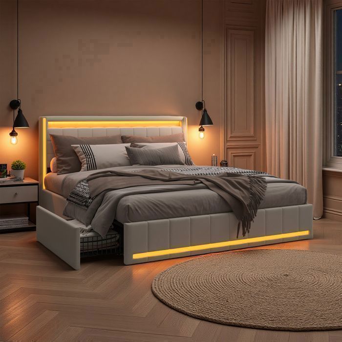 Lit 140x190 cm - COZY - LED - Tiroirs - cadre de lit double 140x190 cm - lit adulte 140x190 cm - tissu lin - beige