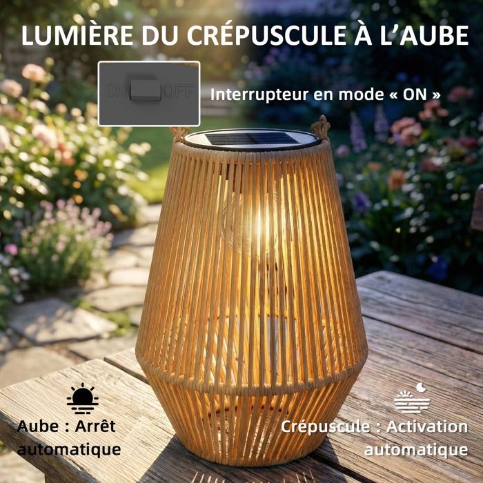 Lot de 2 lanternes solaires suspendues extérieur, lampes de jardin en résine tressée avec allumage automatique, marron