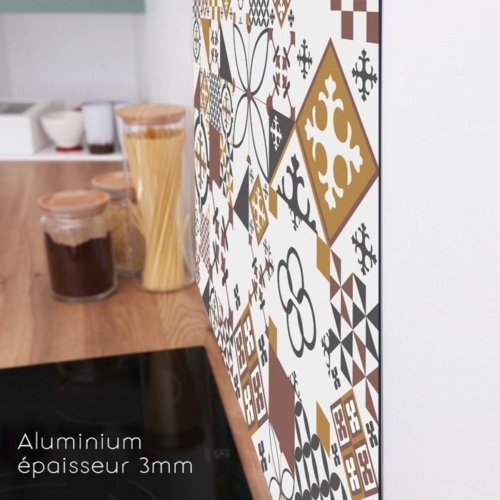 Revestimento de parede para cozinha em alumínio - efeito de azulejo de cimento laranja - 200x20 cm (em 2 faixas) - 99 Déco