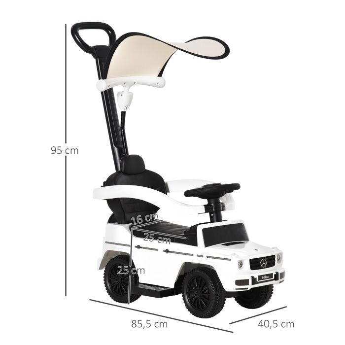 Coche de juguete infantil HOMCOM - Totalmente equipado con claxon, reposapiés y barras de seguridad - Plástico - 12-36 meses - Blanco