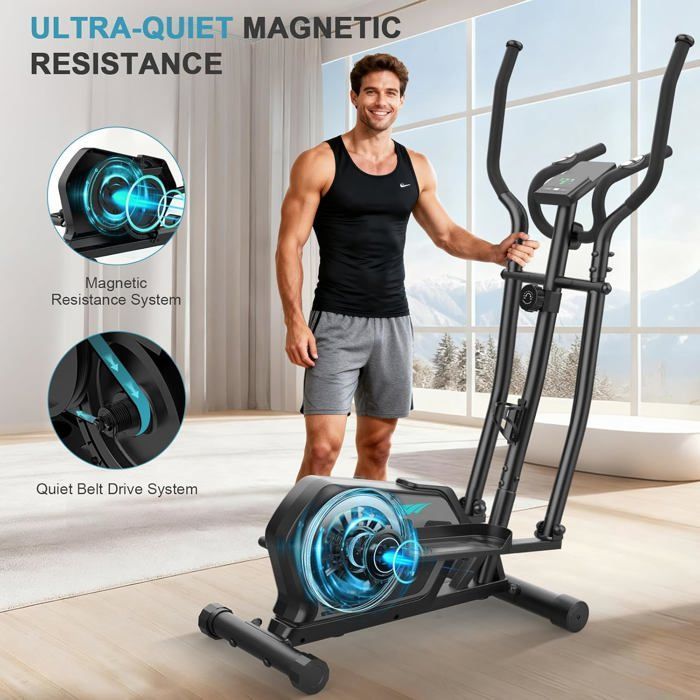 Elíptica silenciosa 3 en 1, 16 niveles de resistencia, peso máximo 130 kg, pantalla LCD, compatible con aplicación, ideal para entrenamiento cardiovascular en casa, color negro y azul.