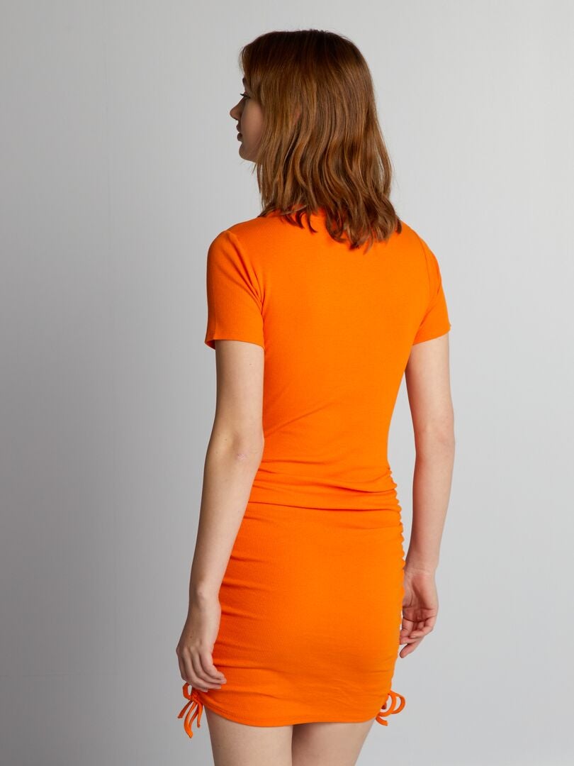 Vestido canelado com cordões laterais - LARANJA