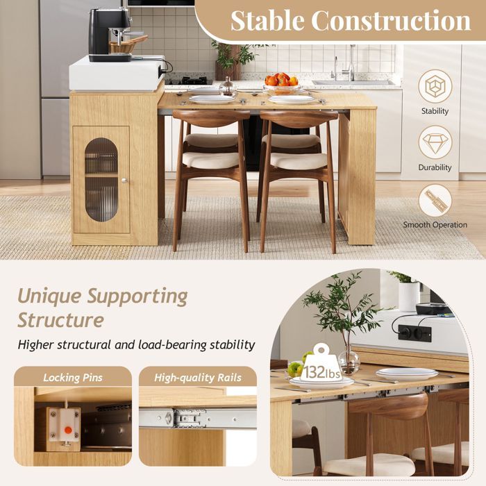 Isla de cocina con ruedas, regleta y gancho, mesa de comedor extensible con tablero plegable, acabado natural.