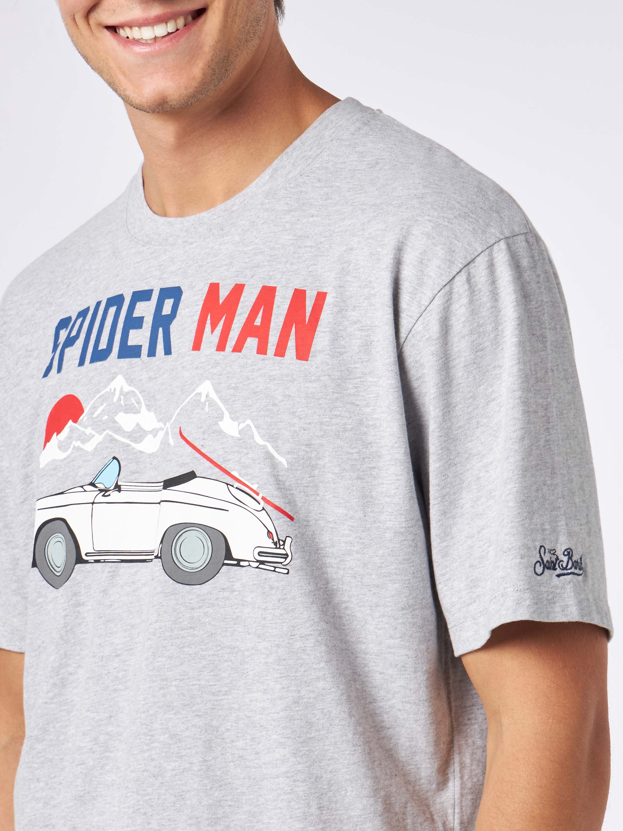 T-shirt van zwaar katoen voor heren met Spider-Man en een winkelwagenprint.