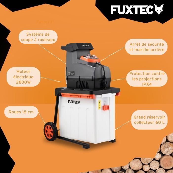 Trituradora eléctrica de jardín FUXTEC FX-EGH2800B de 2800 W, caja recolectora de 60 L, capacidad de corte de ramas de 44 mm de diámetro, IPX4