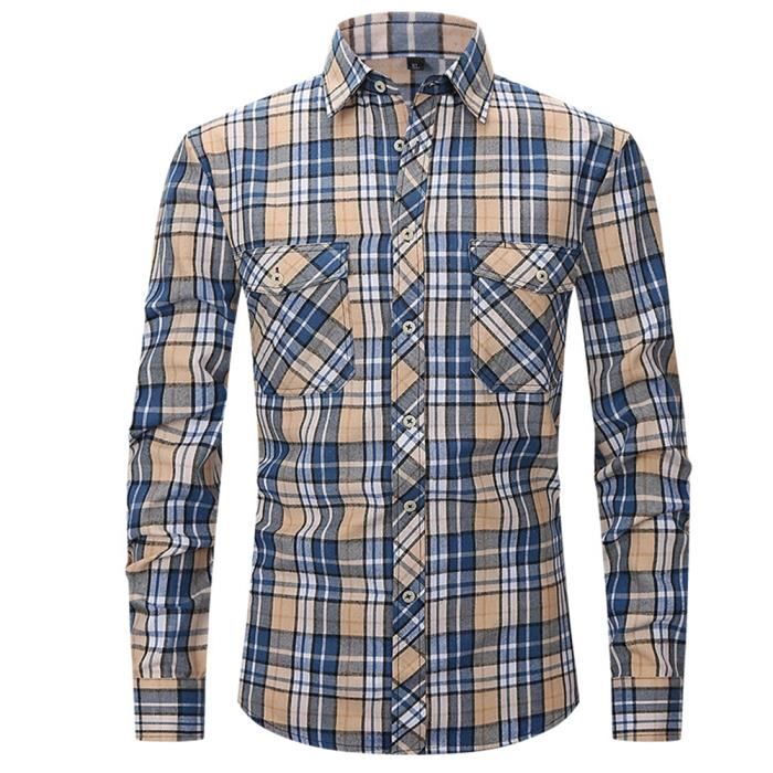Men's Long Sleeve Flannel Shirt with Two Pockets, Standard Fit XH450, Blue - MOBIGARLAN - Shirt Collar