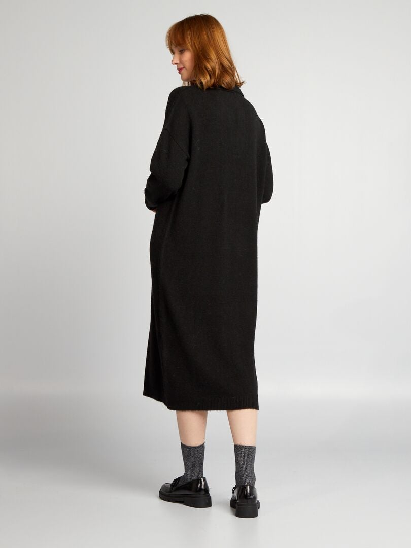 Suéter maxi de tricô com gola - preto