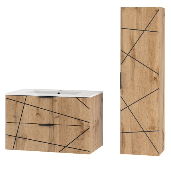 Zestaw Łazienkowy 80cm Szafka z Umywalką Słupek Dąb Wotan Wood