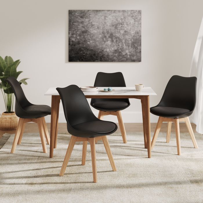 Conjunto de 2 cadeiras de jantar escandinavas HavenlyHome, ergonômicas, com pés de madeira maciça e almofada impermeável, para cozinha, pretas.