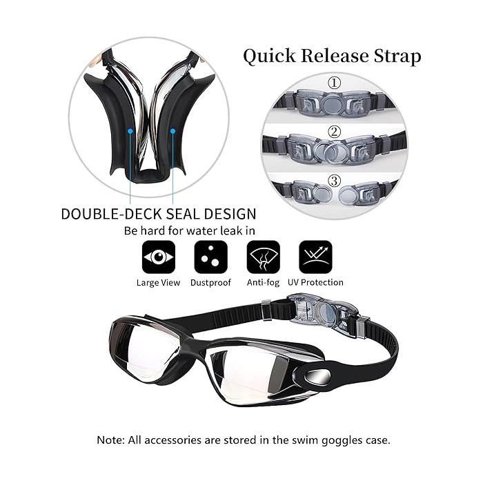 ®RisingFF Lunettes de natation, étanches, avec pince-nez, bouchons d'oreilles, bonnet de bain et étui à lunettes, noir et argent.
