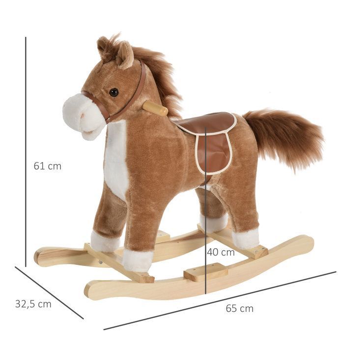 Caballo balancín - HOMCOM - silla de montar extra cómoda, suave y de felpa corta, madera de álamo, juguete infantil - madera - 65x32,5x61cm - marrón