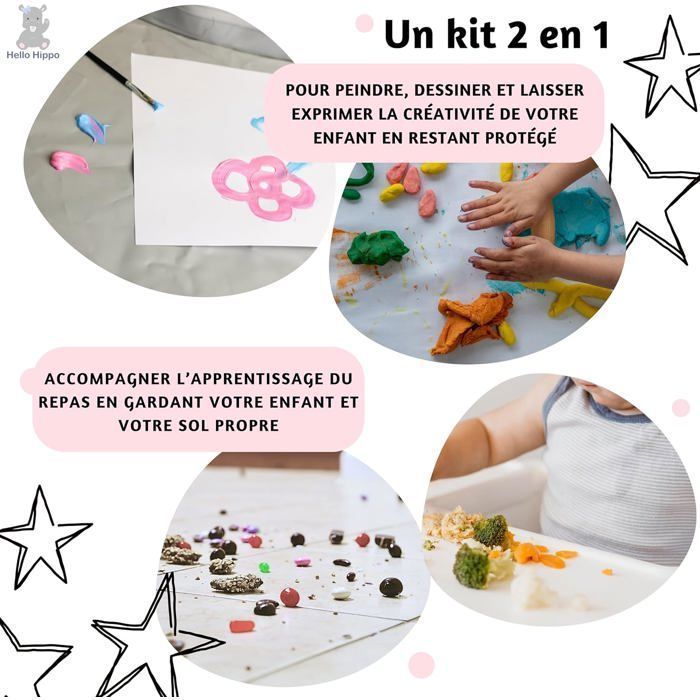 Hello Hippo® Kit 2 bavoirs et plateau de diversification imperméables gris à motif pour chaise haute bébé - Bavoirs + plateau