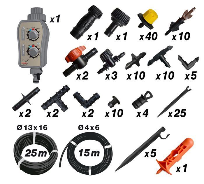 Kit de irrigação por gotejamento - JARDIBRIC - K4091 - Mangueira de 25m 16mm - Temporizador PNR16 - Resistente a UV