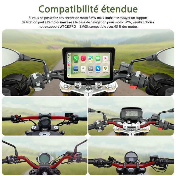 Autoradio GPS per moto CARPURIDE W702SPRO con schermo CarPlay e supporto BM05 per Plug-and-Play, CarPlay e Android Auto, con controller cablato.