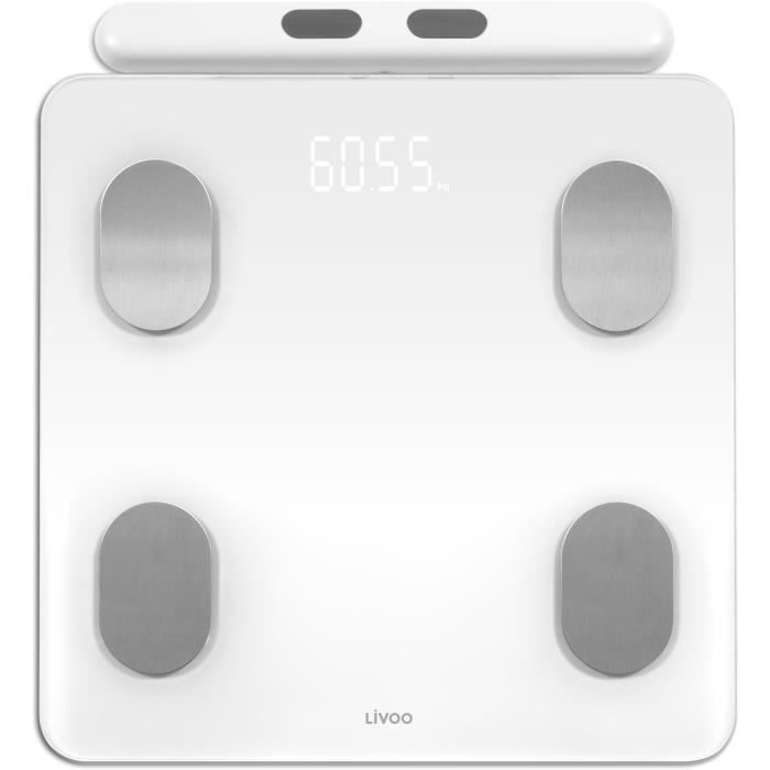 Pèse-personne impédancemètre connecté - LIVOO - DOM531W - 15 indicateurs - Max 180 kg - 16 profils - LED - Blanc