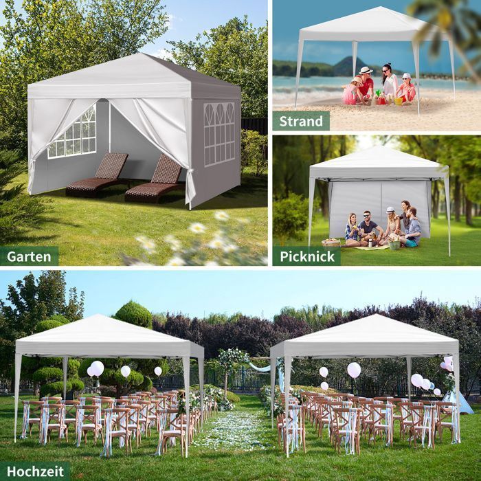 Cenador de jardín, carpa de recepción, carpa para eventos - 3x3 m, con 4 bolsas de lastre, carpa plegable, carpa de jardín, blanca