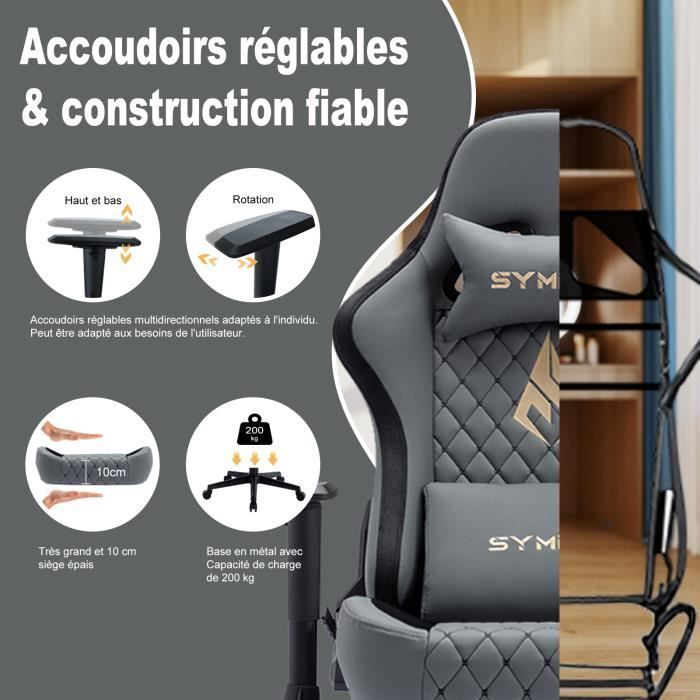 Symino Gaming-Stuhl, ergonomischer Rennstuhl, verstellbarer Drehstuhl mit Fußstütze, Grau