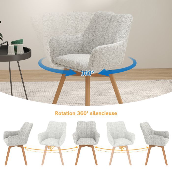 WAFTING Lot de 4 Chaises de Salle à Manger Pivotantes 360°, Accoudoirs et Pieds Bois, Dossier Haut avec Coussin en Molleton.Beige.
