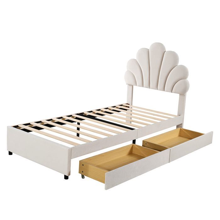 Lit d'enfant 90x200 cm Lit simple avec 2 compartiments de rangement Lit d'invité velours beige