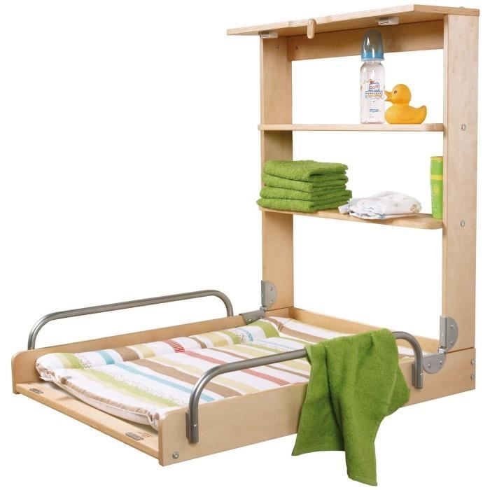 Cambiador plegable de pared ROBA DSCHUNGELBABY - Colchón a rayas multicolor incluido - 2 estantes integrados - Madera natural